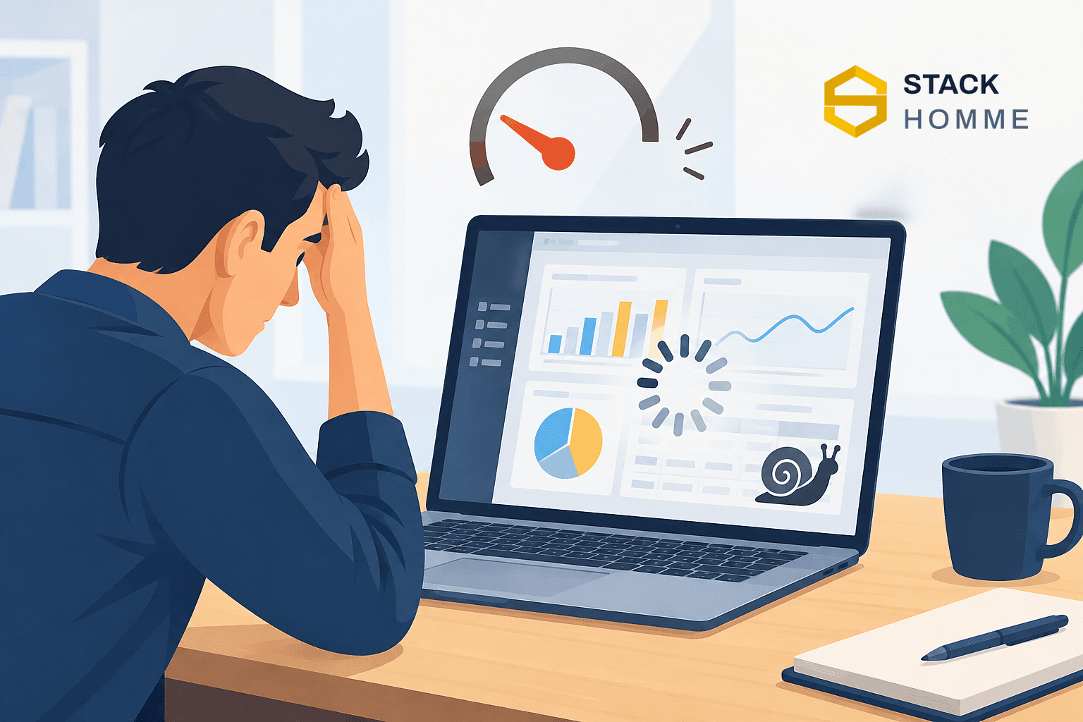 An illustration of a person holding their head in their hands at a desk while a laptop dashboard loads, with a spinner and a snail over the charts and a speed gauge reading low.